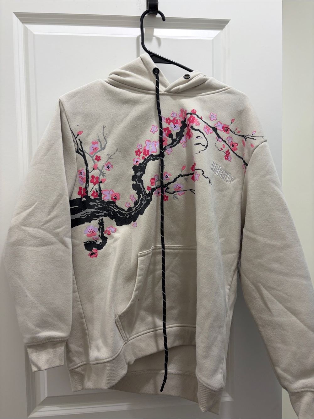 Cream Hoodie with Black Cherry Blossom Branch and Pink Flowers
